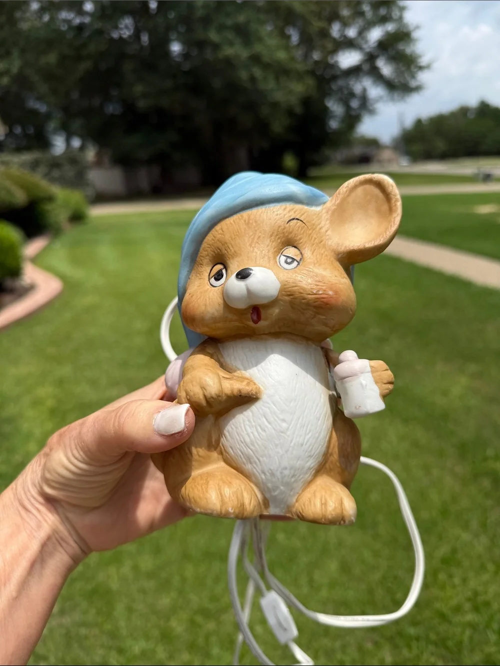 Vintage Porcelain Sleepy Mouse Night Light – Nursery Lamp with Blue Hat